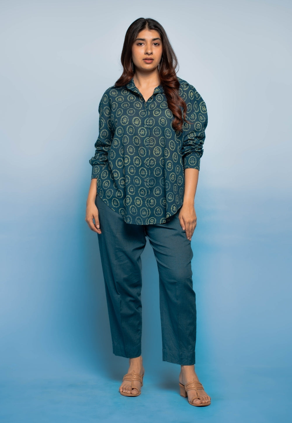 Ruhi Teal Blue Dabu Mul Cotton Straight Shirt