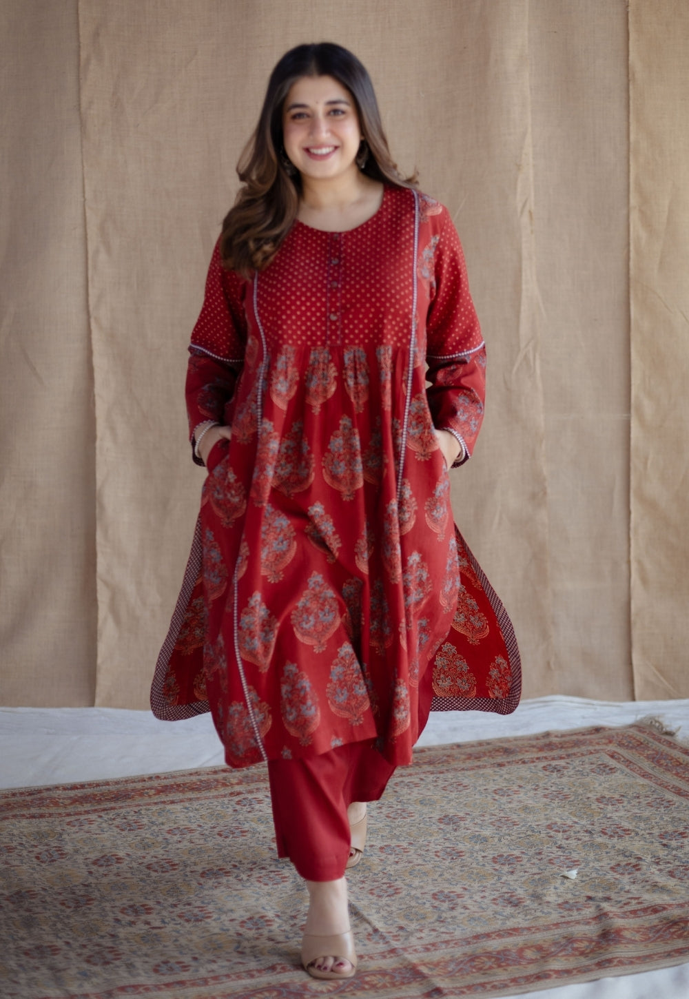 Divyathi Red Ajrakh Cotton A Line Kurta with Hand Embroidery