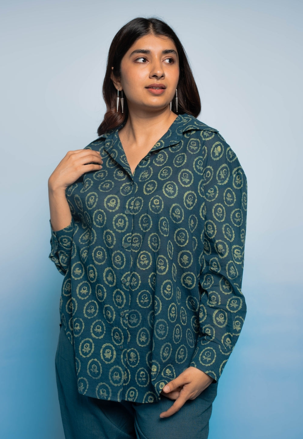 Ruhi Teal Blue Dabu Mul Cotton Straight Shirt