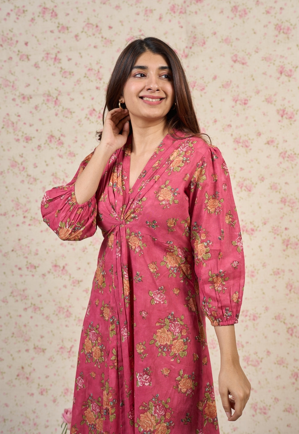 Rosie Pink Sanganeri Mul Cotton A Line Dress
