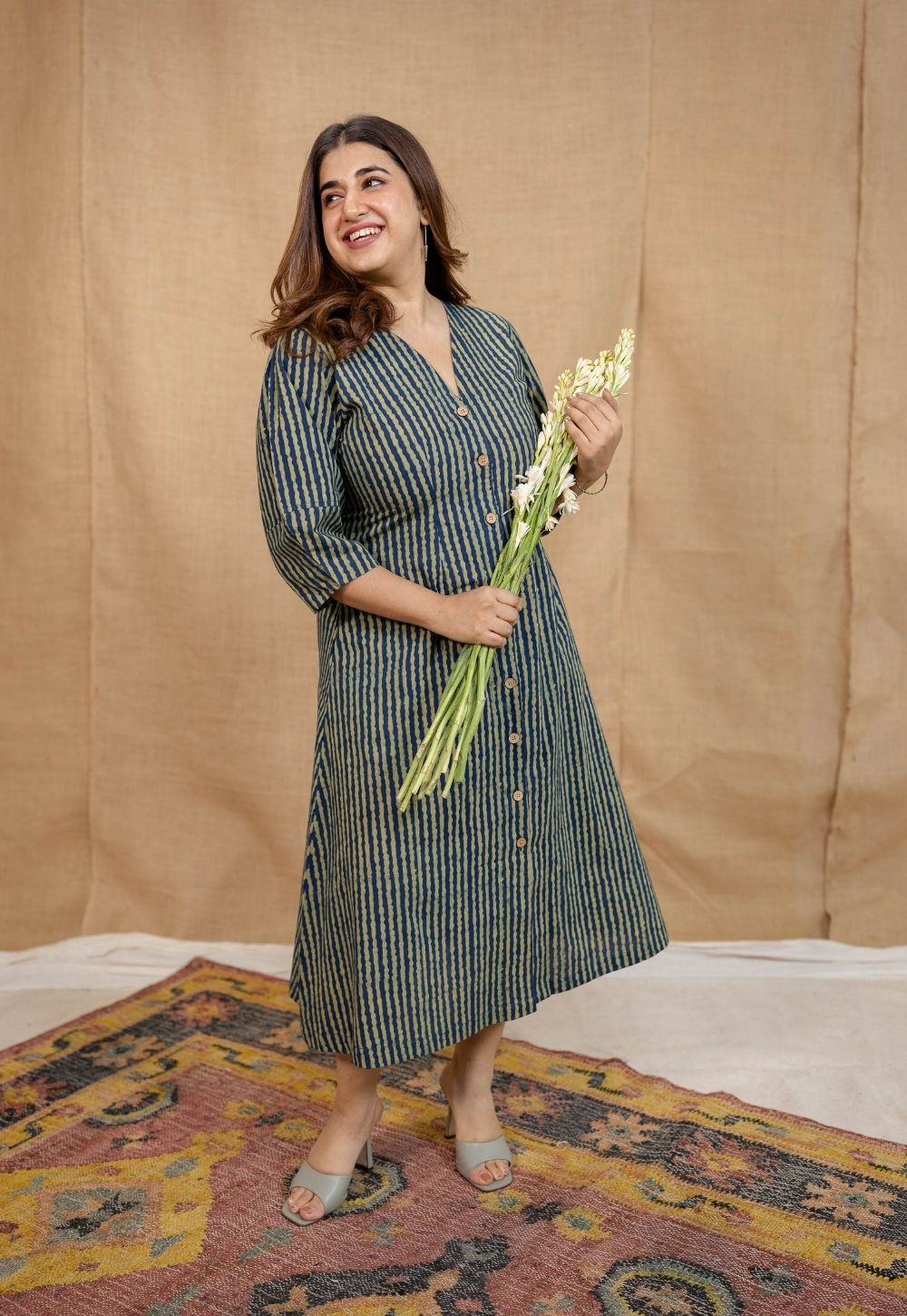 Nimit Indigo Ajrakh Cotton A Line Dress
