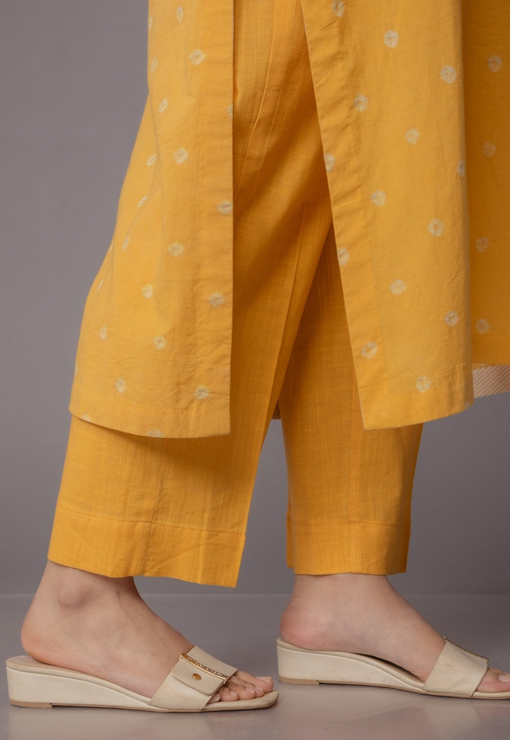 Yashi Yellow Solid Slub Cotton Straight Pant