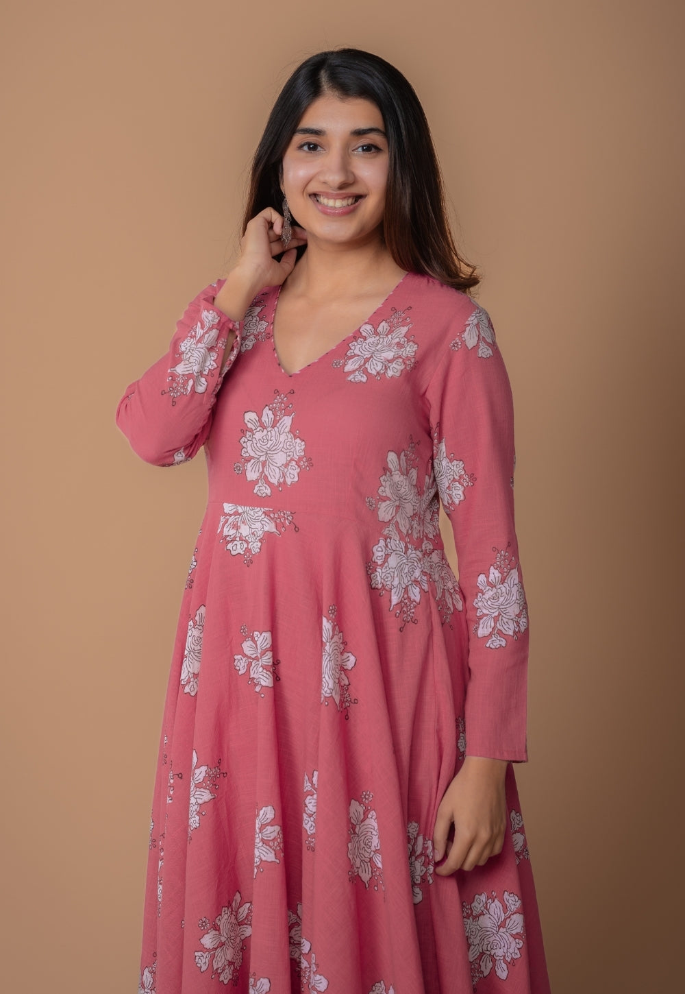 Ruvika Pink Dabu Slub Cotton A Line Kurta