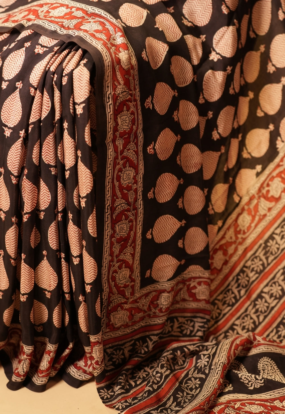 Black Butta Bagru Hand Block Print Modal Saree