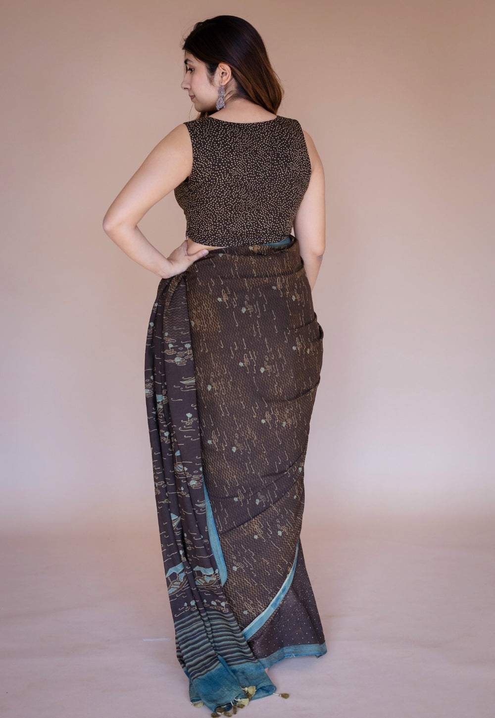 Brown Boat Ajrakh Hand Block Print Mul Saree