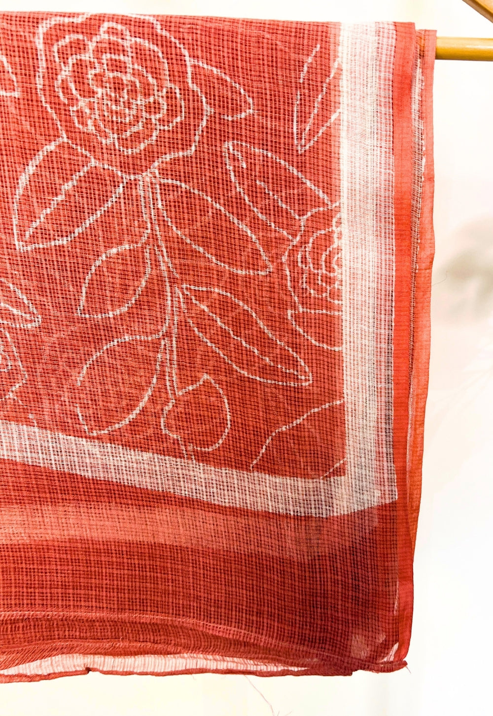 Red Floral Border Hand Block Print Kota Doria Cotton Dupatta