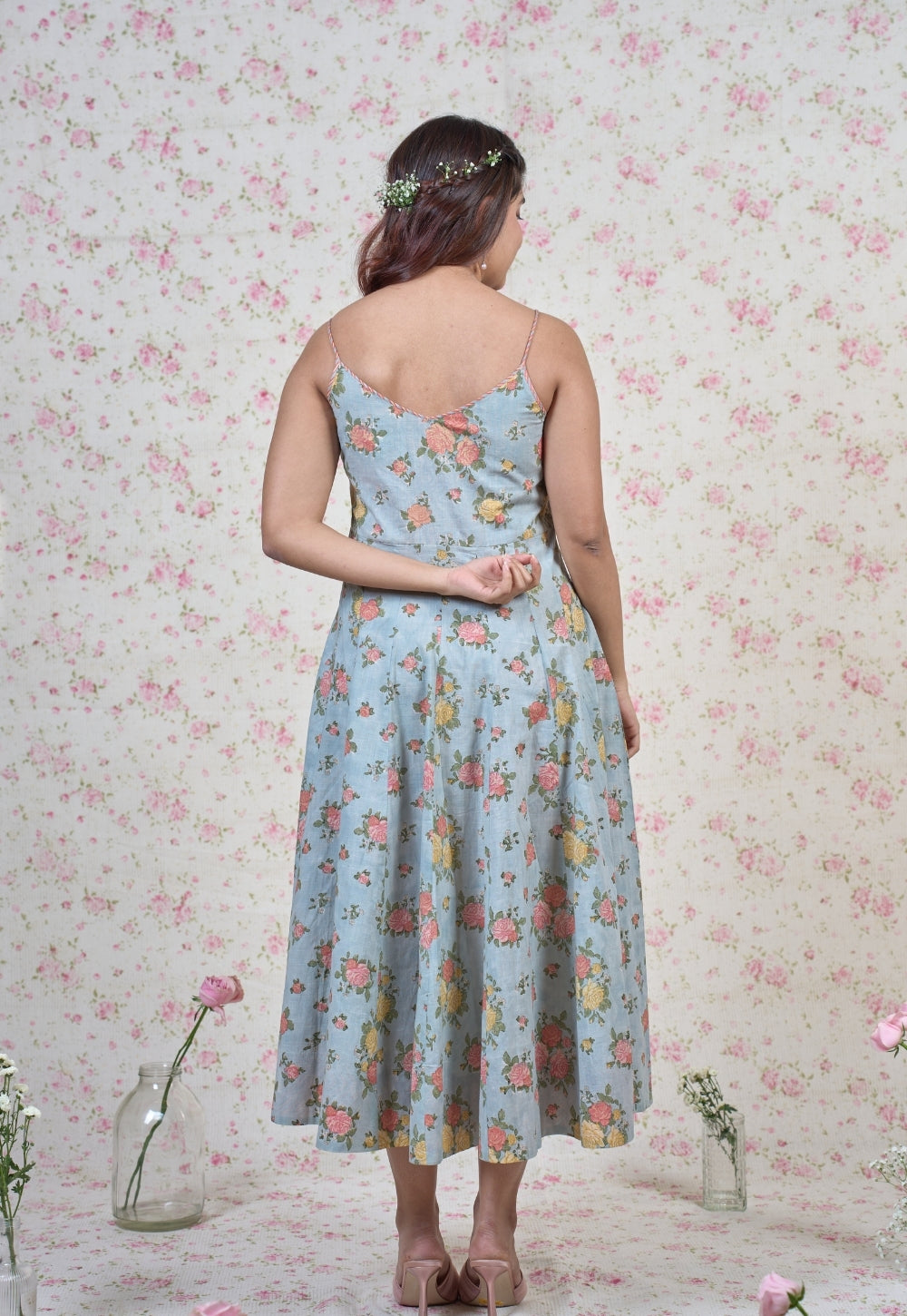 Emma Blue Sanganeri Slub Cotton A Line Dress