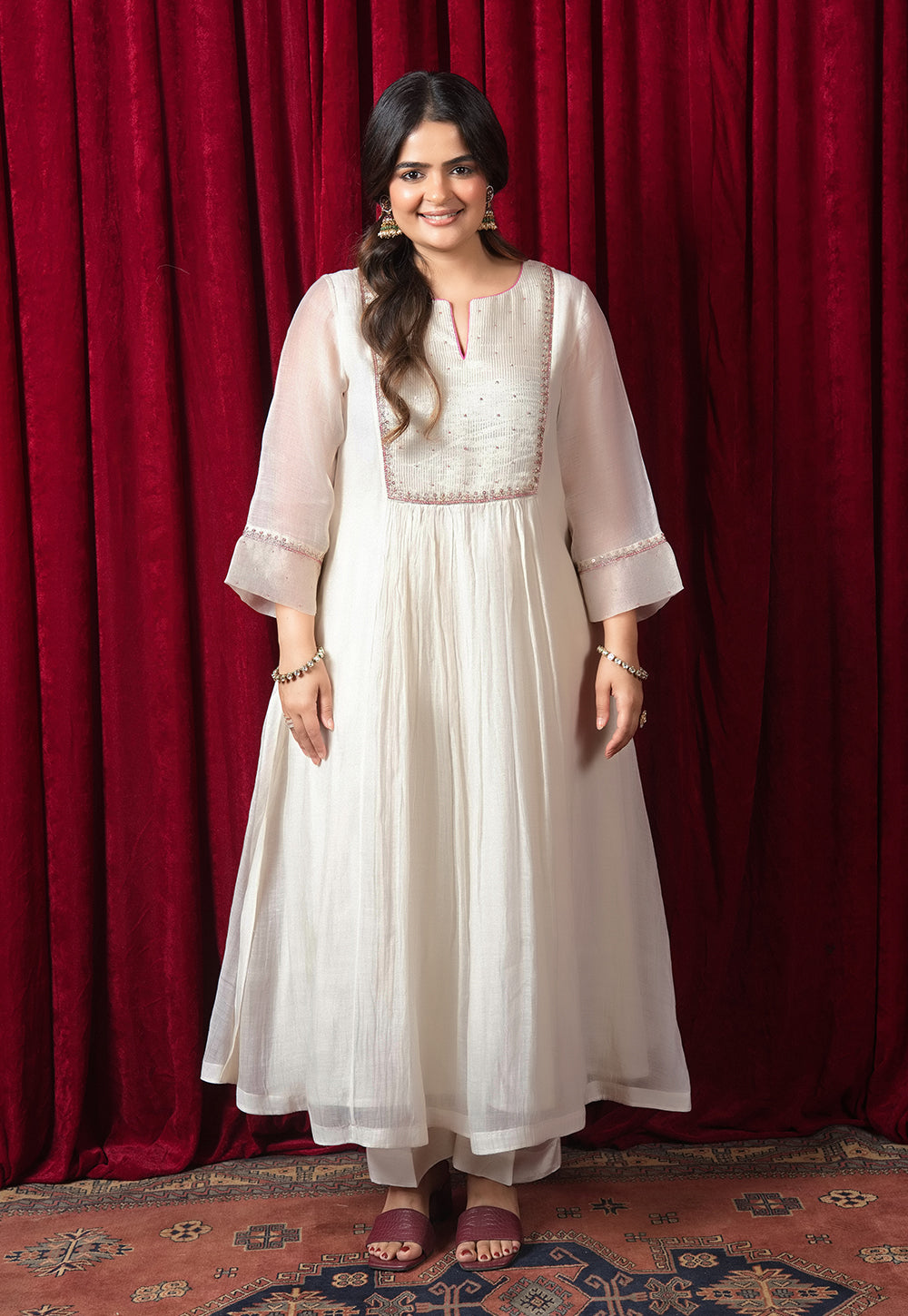 Jivika White Solid Chanderi Silk Kali Kurta with Hand Embrodiery