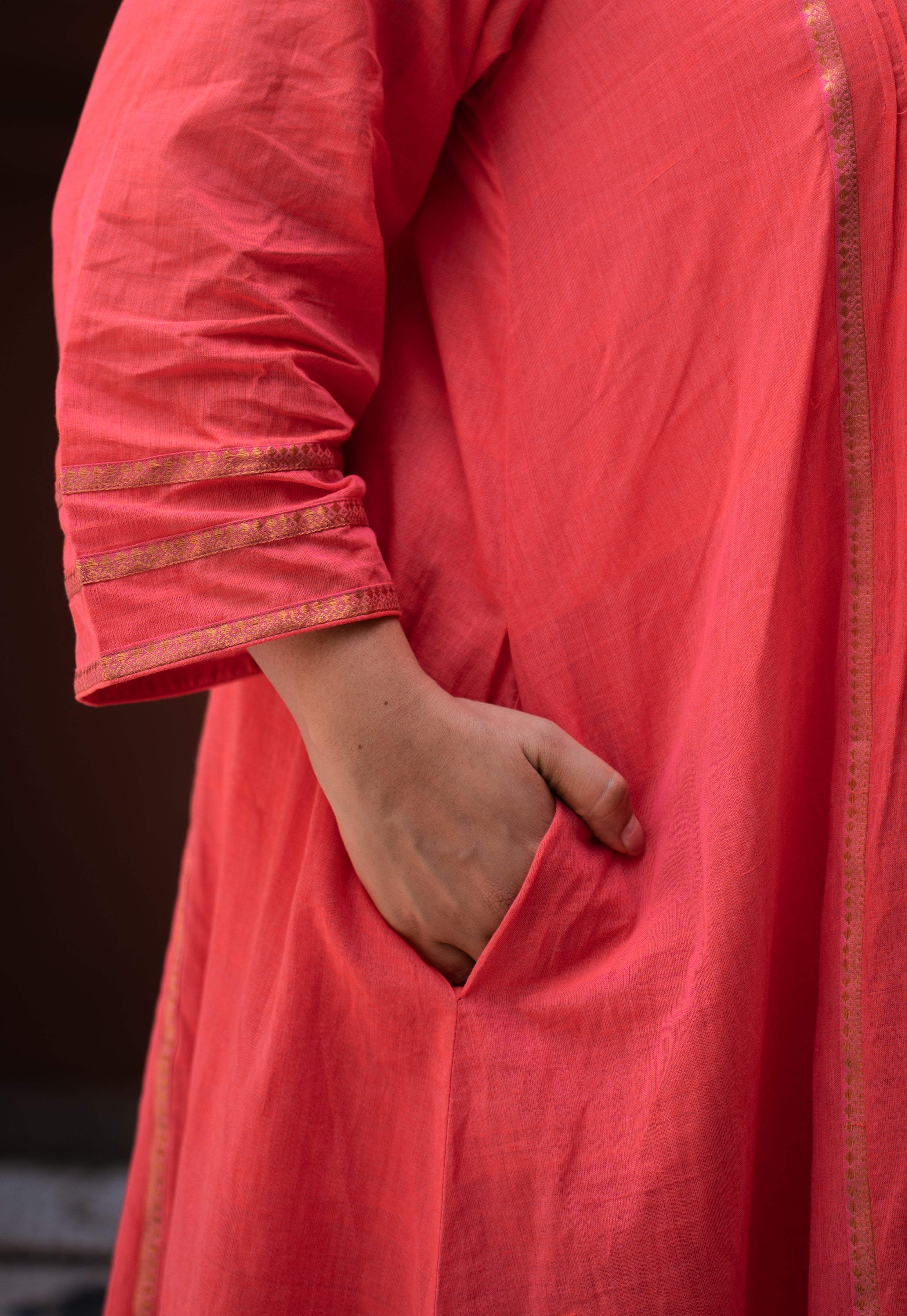 Ruhza Orange Mangalgiri Cotton Kali Kurta with Nizam Border