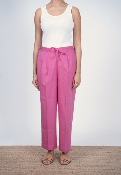 Yashi Pink Solid Slub Cotton Straight Pant