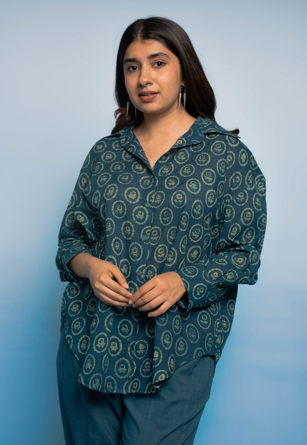 Ruhi Teal Blue Dabu Mul Cotton Straight Shirt