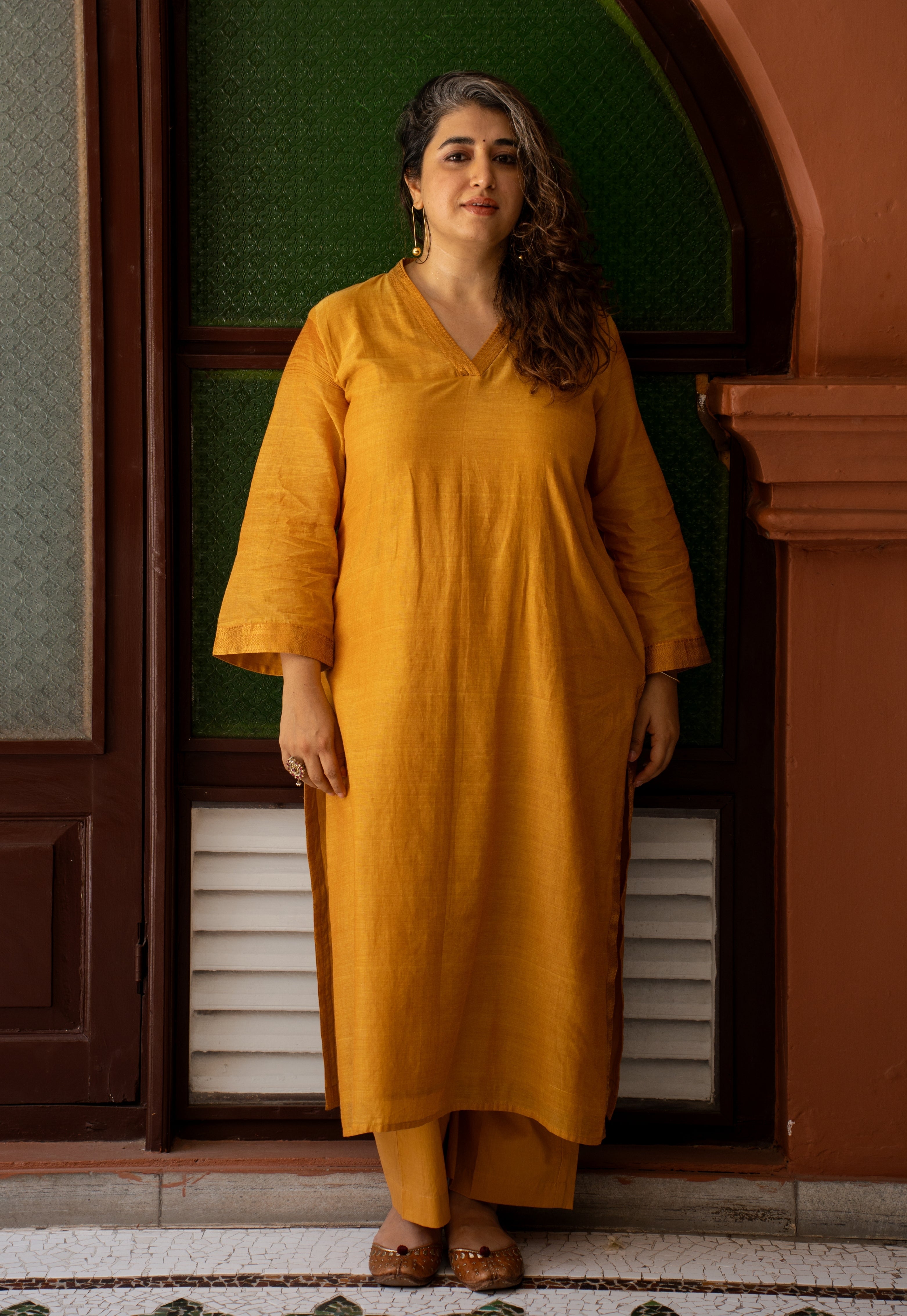 Vrusha Yellow Mangalgiri Cotton Straight Kurta with Nizam Border