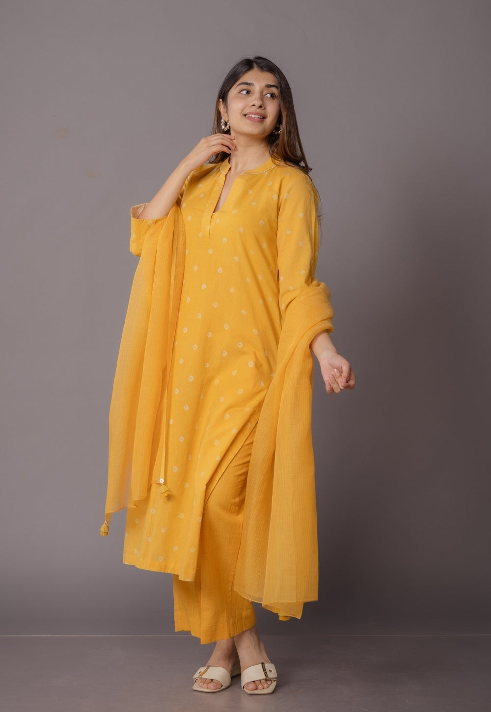 Tanya Yellow Bandhani Cotton Straight Kurta with Dupatta