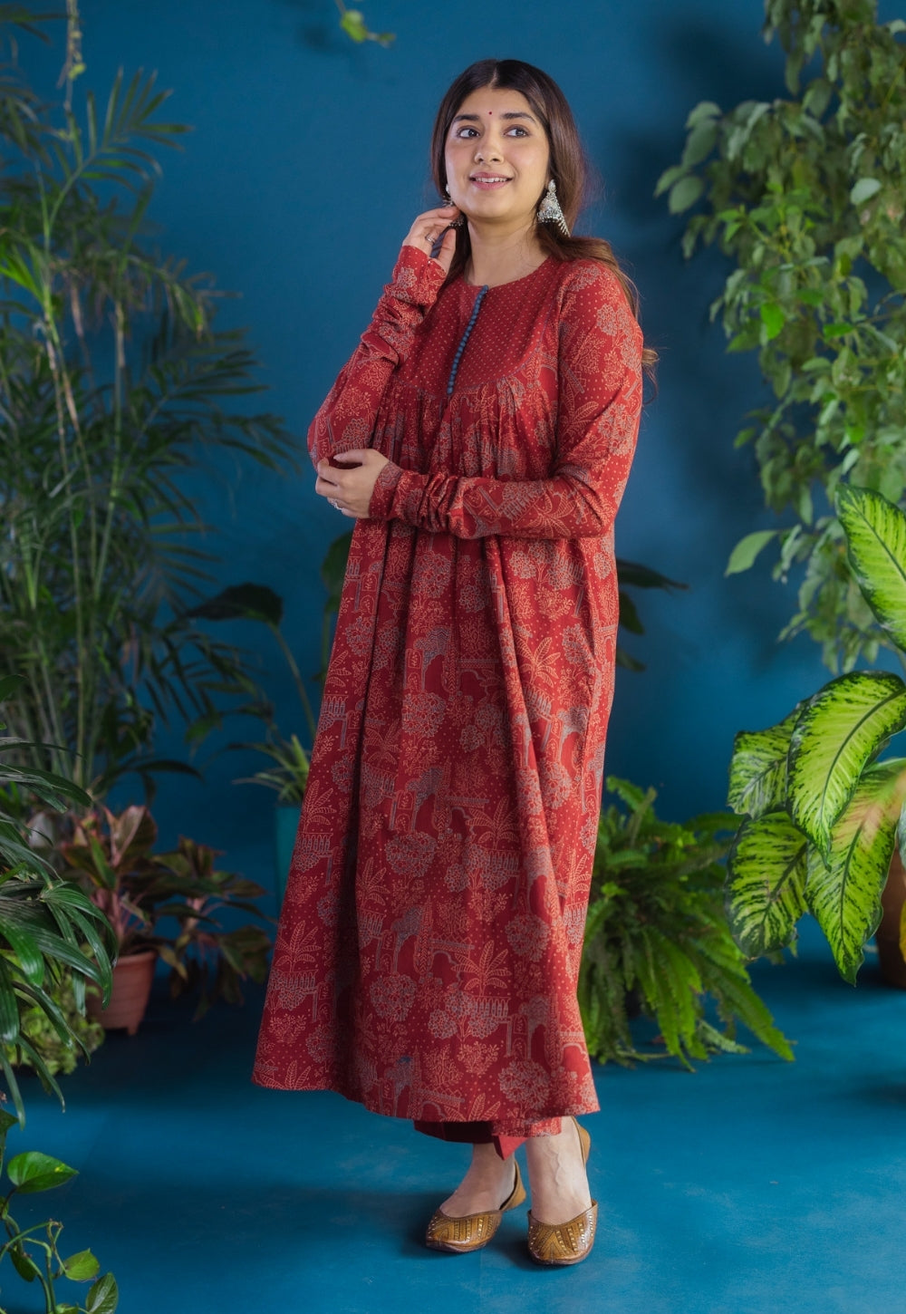 Asin Red Ajrakh Cotton A Line Kurta with Hand Embroidery