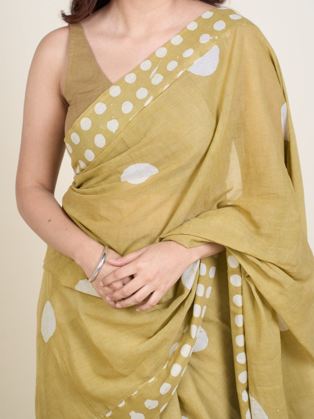 Samiha Green Batik Hand Block Print Mul Cotton Saree with Embroidery