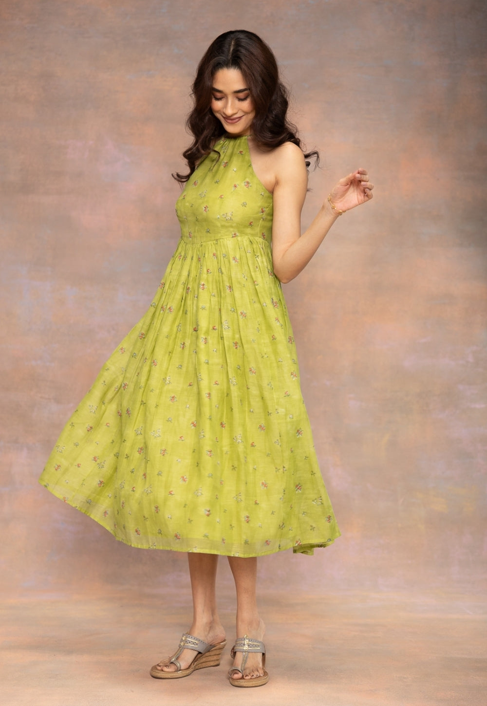 Rooz Green Sanganeri Chanderi Silk A Line Dress
