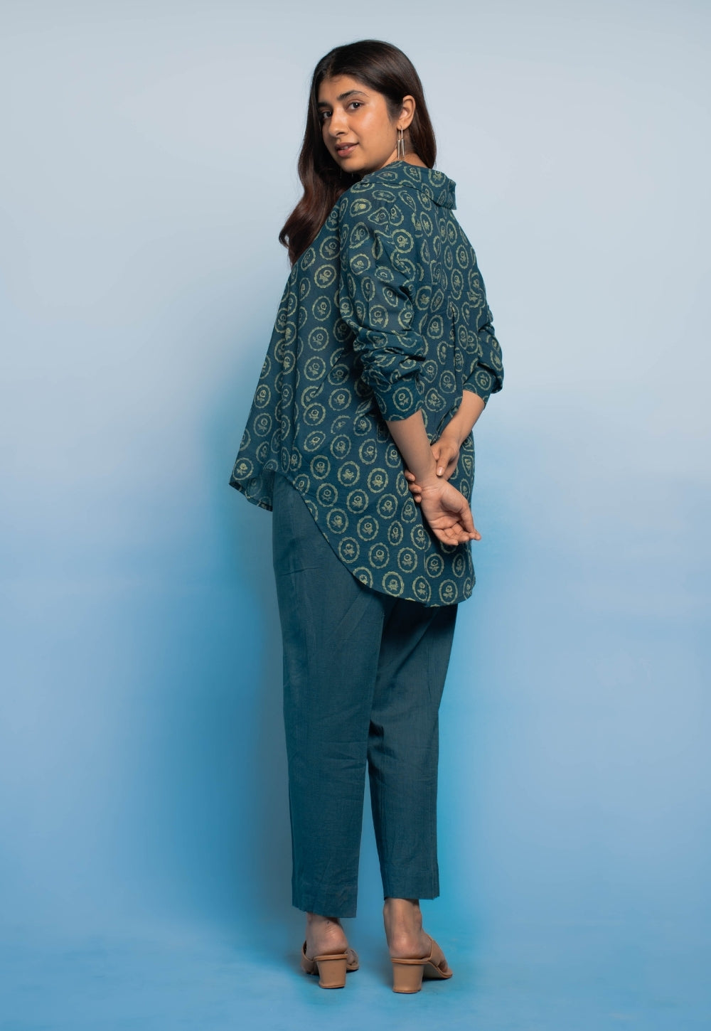 Ruhi Teal Blue Dabu Mul Cotton Straight Shirt