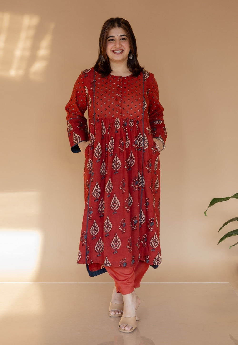 Divyathi Red Ajrakh Cotton A Line Kurta