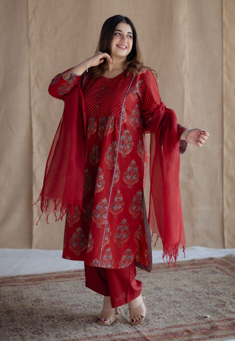 Divyathi Red Ajrakh Cotton A Line Kurta with Hand Embroidery