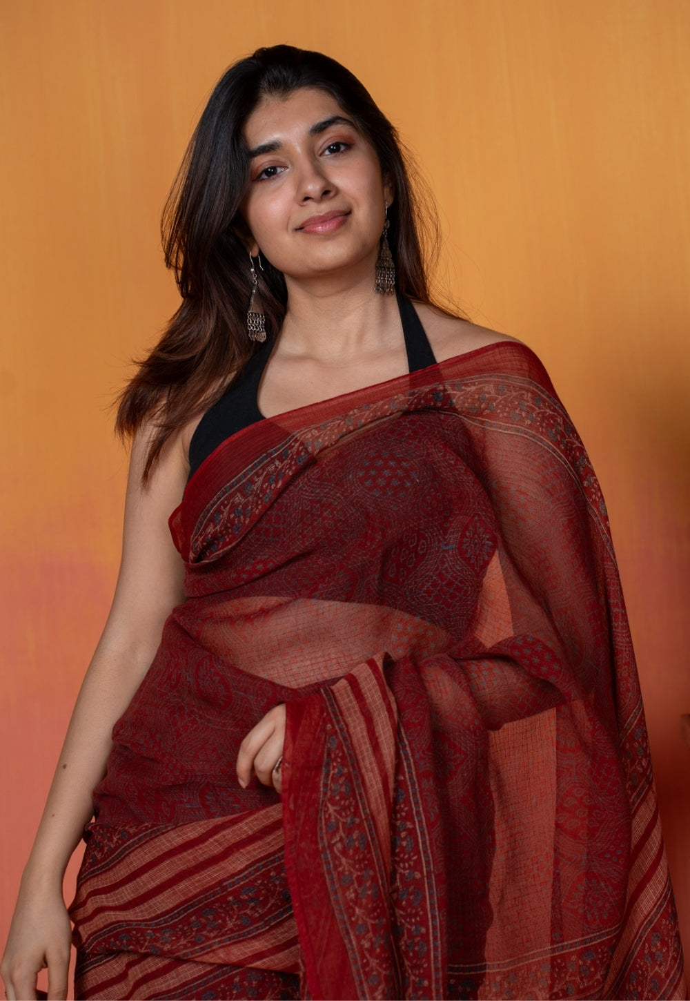 Red Mughal Ajrkah Hand Block Print Kota Doria Saree