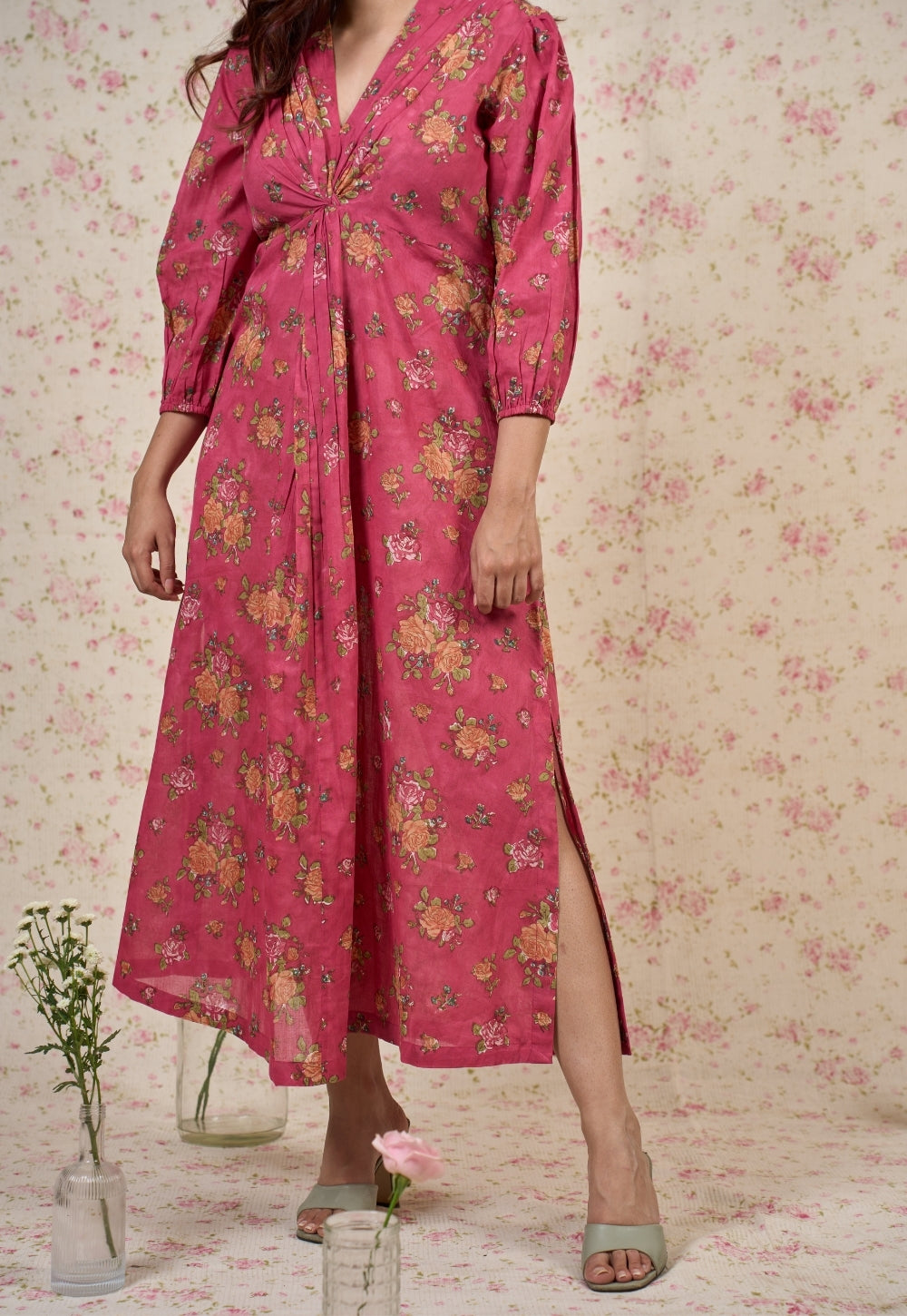 Rosie Pink Sanganeri Mul Cotton A Line Dress