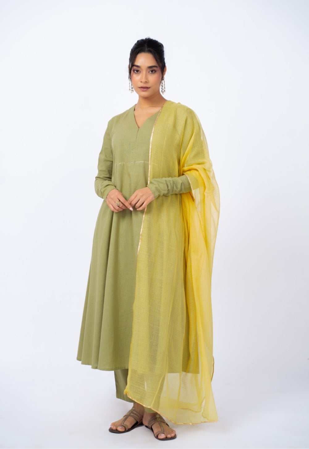 Yalini Green Solid Slub Cotton Kali Kurta Suit Set with Solid Dupatta (Set of 3)