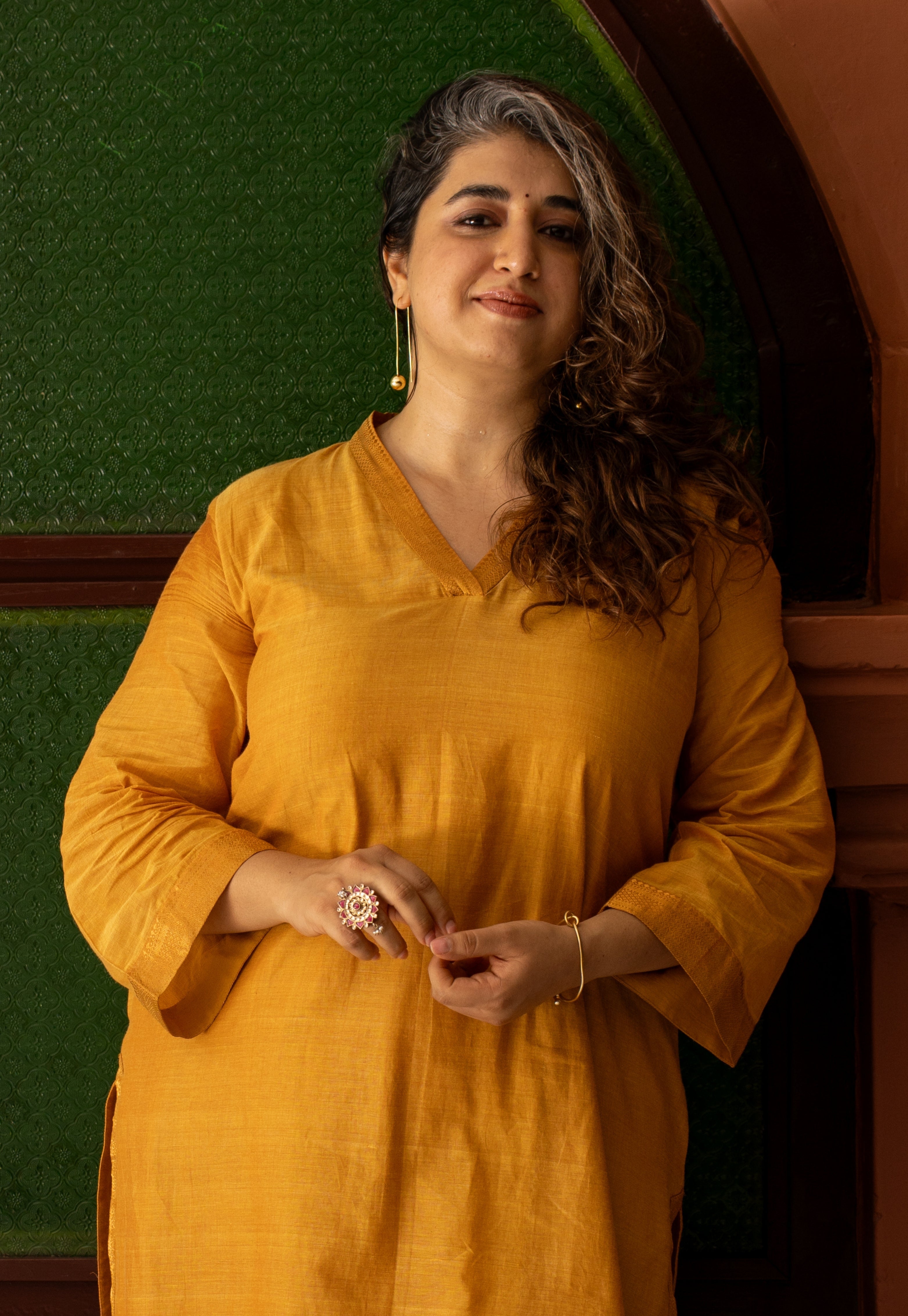 Vrusha Yellow Mangalgiri Cotton Straight Kurta with Nizam Border