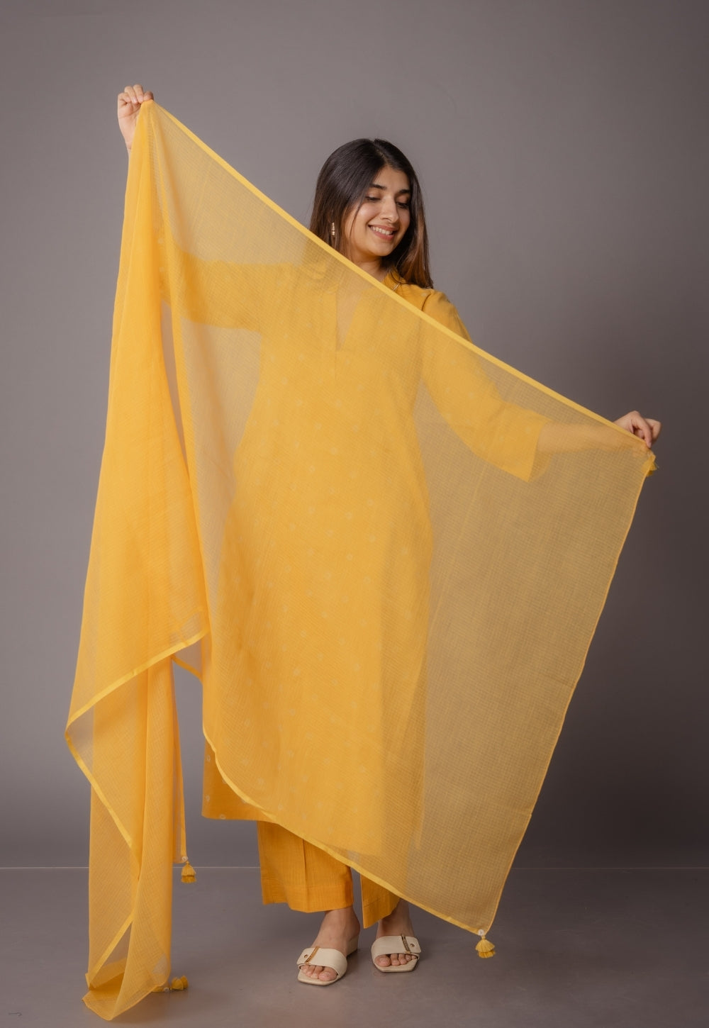 Tanya Yellow Bandhani Cotton Straight Kurta with Dupatta