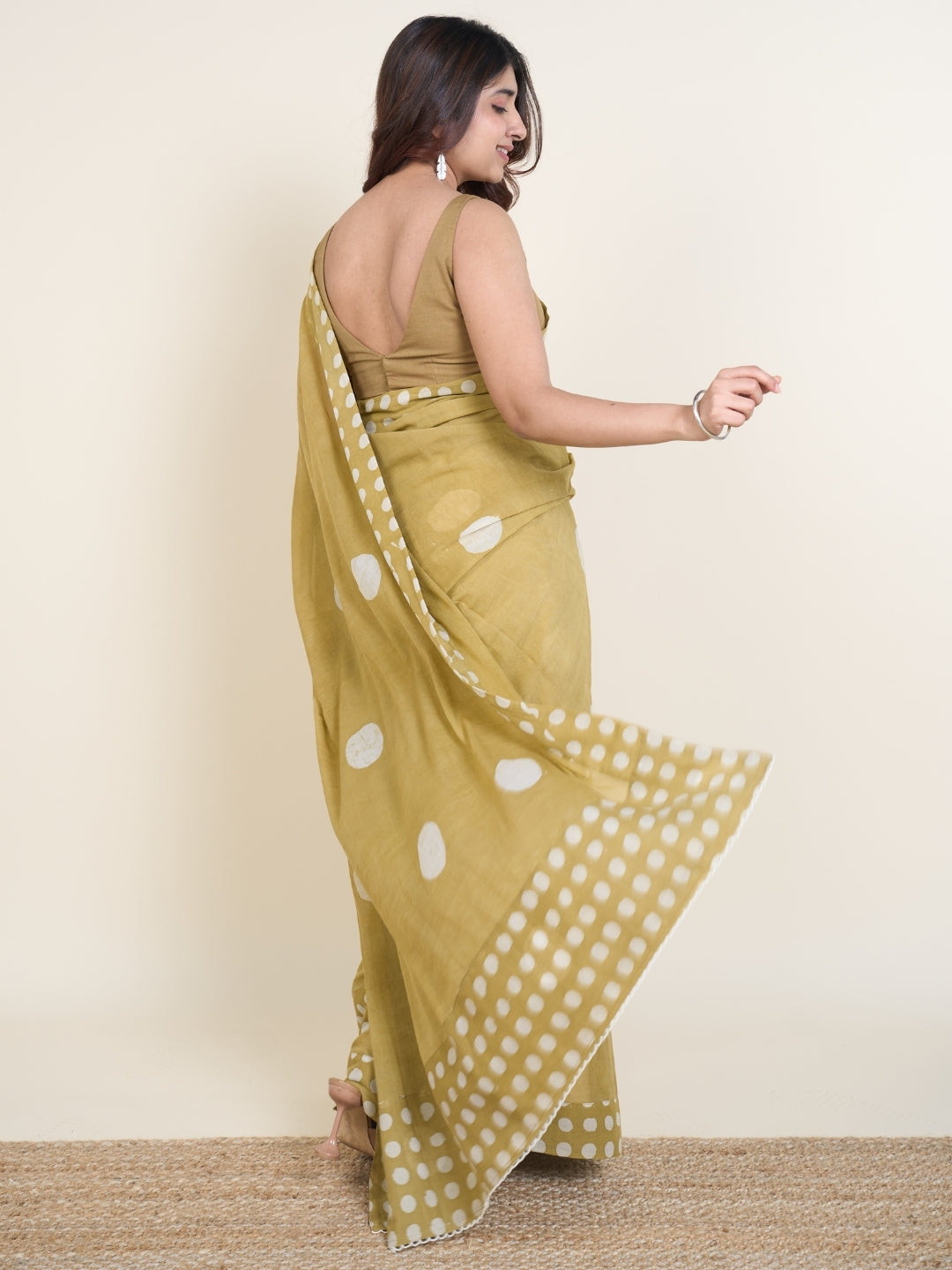 Samiha Green Batik Hand Block Print Mul Cotton Saree with Embroidery