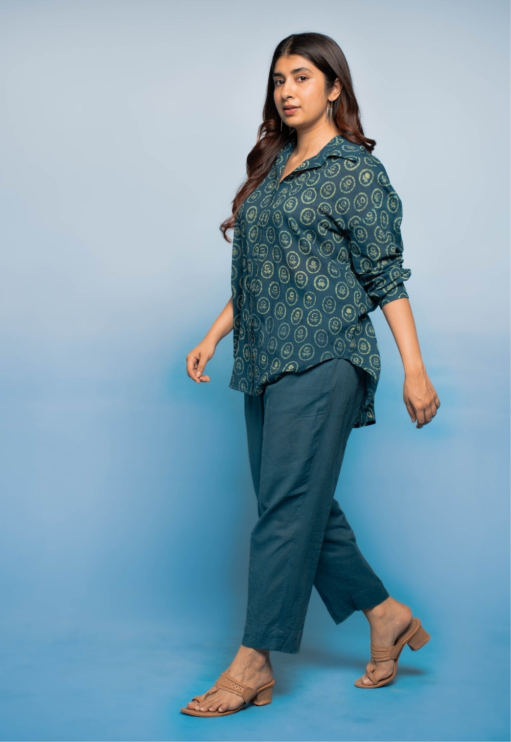 Ruhi Teal Blue Dabu Mul Cotton Straight Shirt