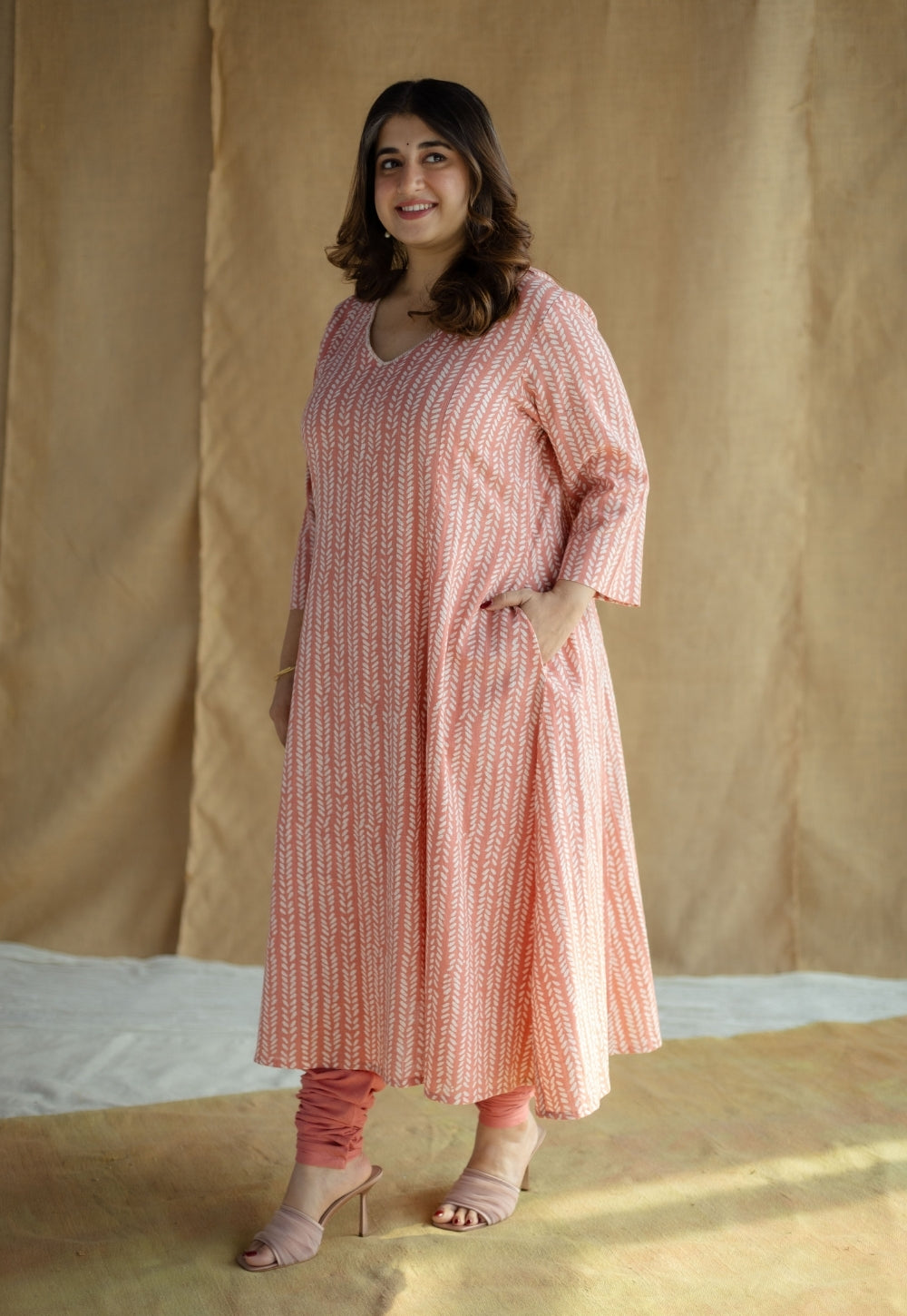 Jumana Coral Hand Block Print Slub Cotton Kali Kurta with Hand Embroidery