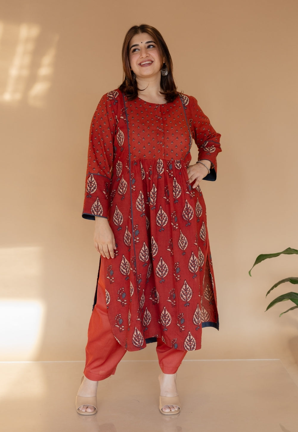 Divyathi Red Ajrakh Cotton A Line Kurta