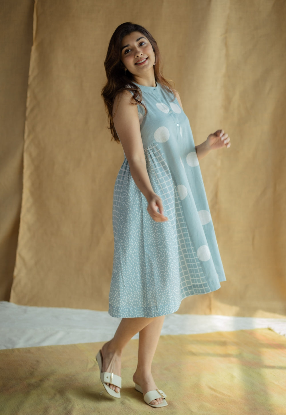 Fariyah Sky Blue Hand Block Print Slub Cotton A Line Dress