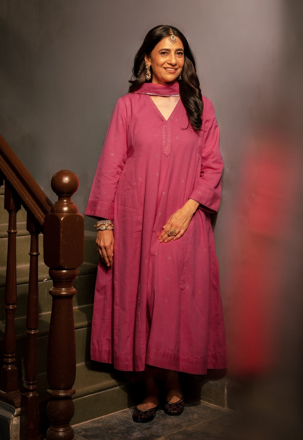 Sadia Pink Rogan Handblock Printed Cotton Flex Suit Set (Set of 3)