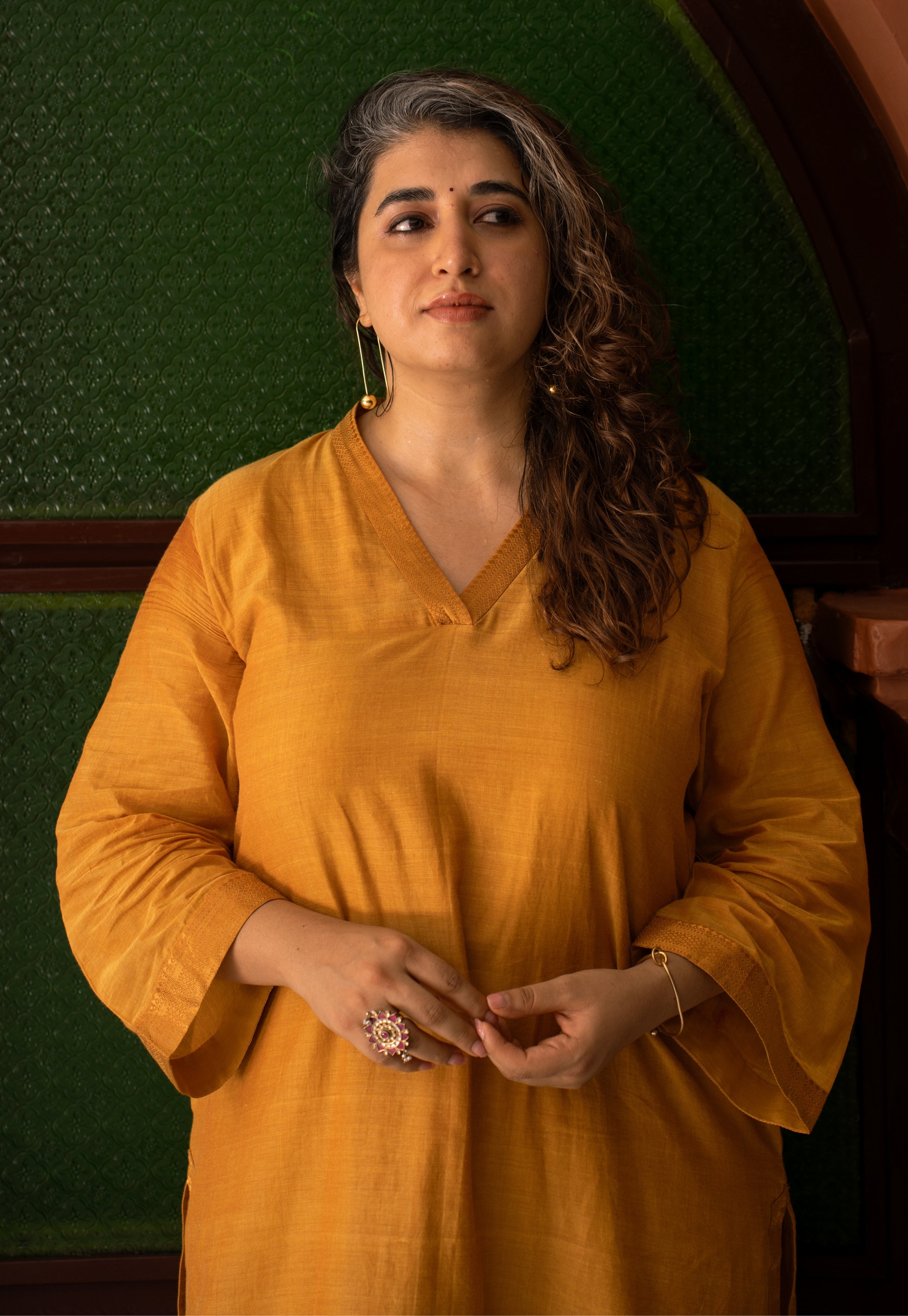 Vrusha Yellow Mangalgiri Cotton Straight Kurta with Nizam Border