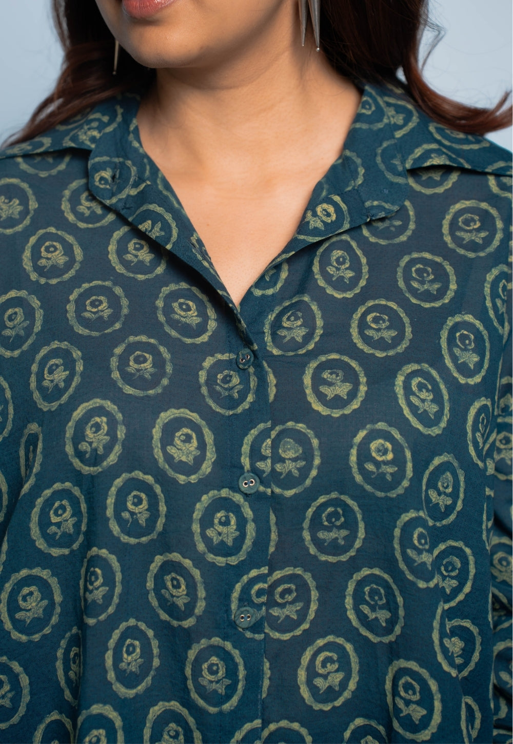 Ruhi Teal Blue Dabu Mul Cotton Straight Shirt