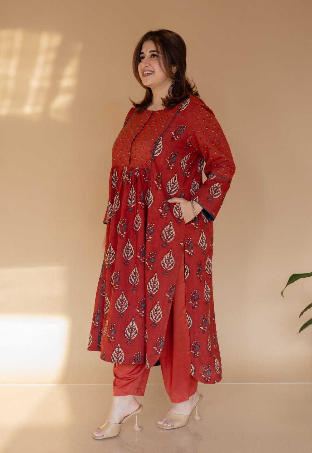 Divyathi Red Ajrakh Cotton A Line Kurta