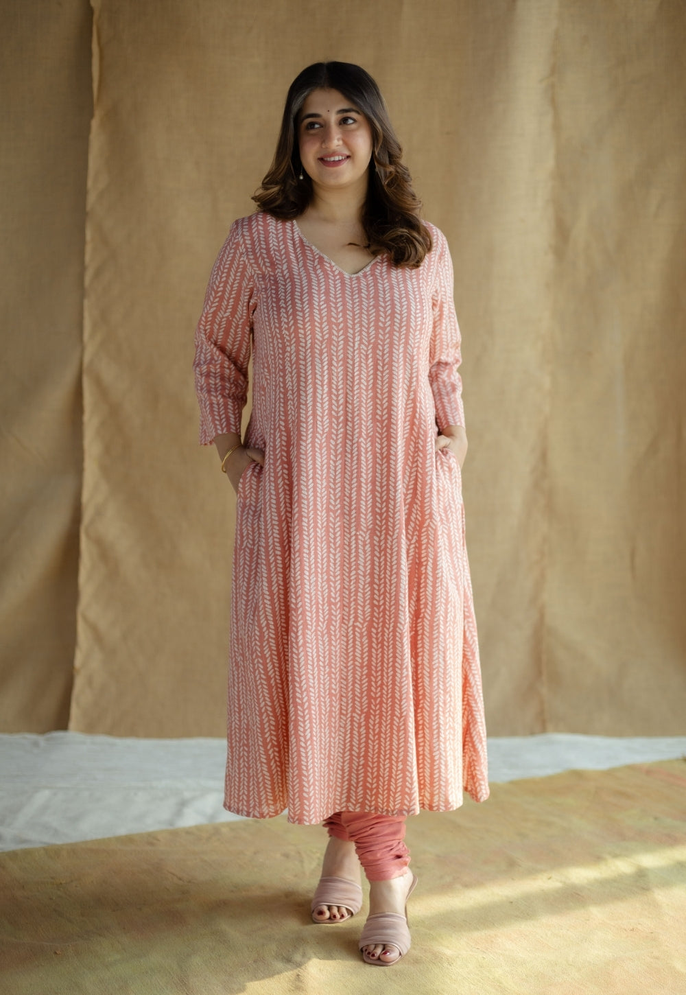 Jumana Coral Hand Block Print Slub Cotton Kali Kurta with Hand Embroidery