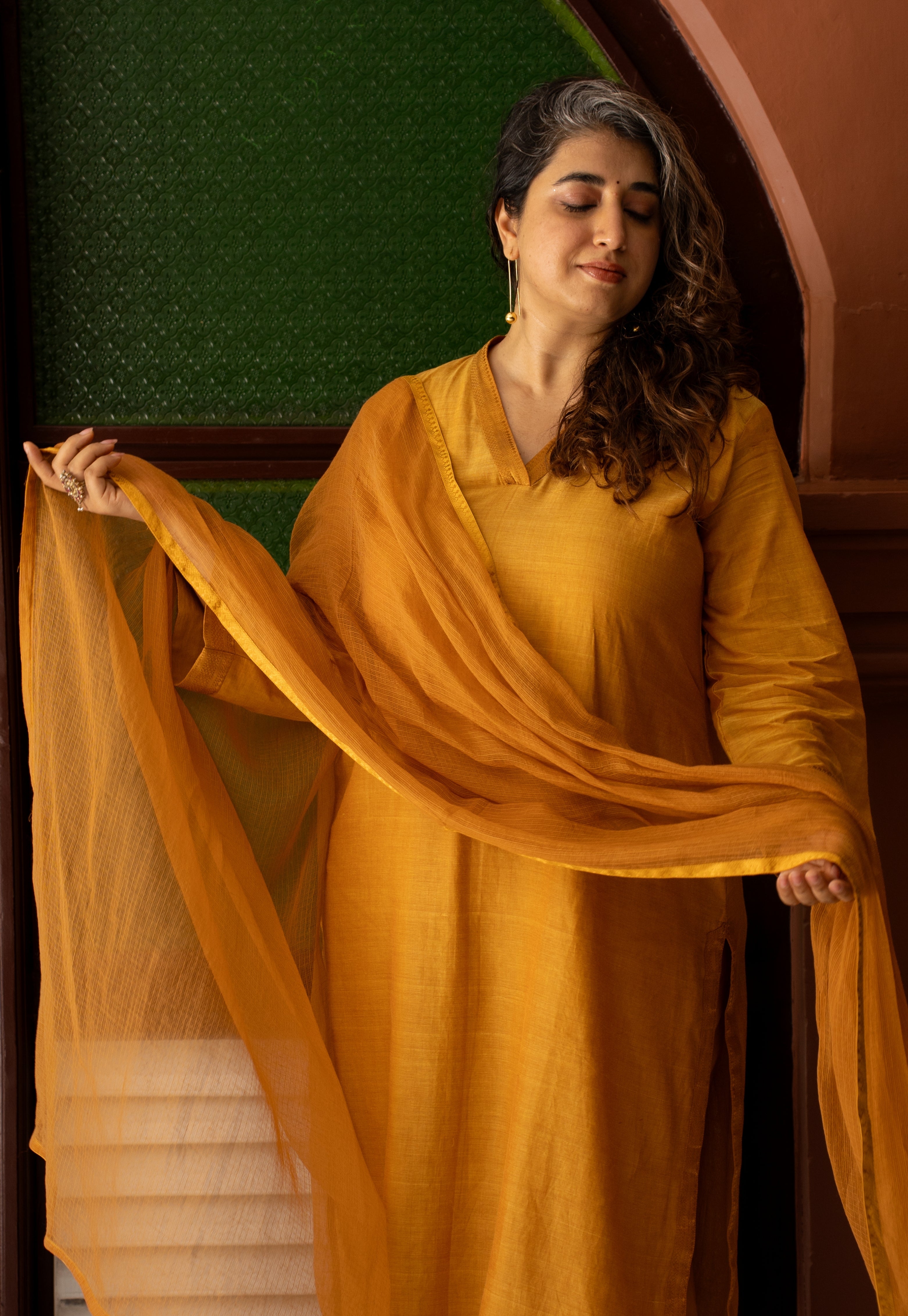 Mustard Solid Kota Doria Cotton Dupatta with Mangalgiri Border