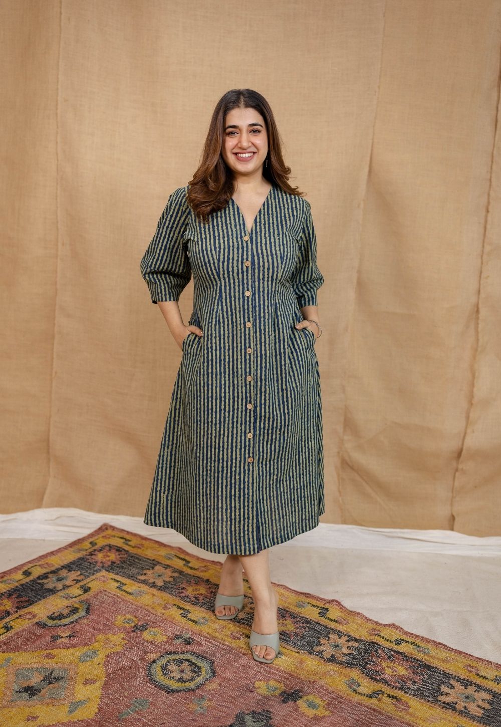 Nimit Indigo Ajrakh Cotton A Line Dress