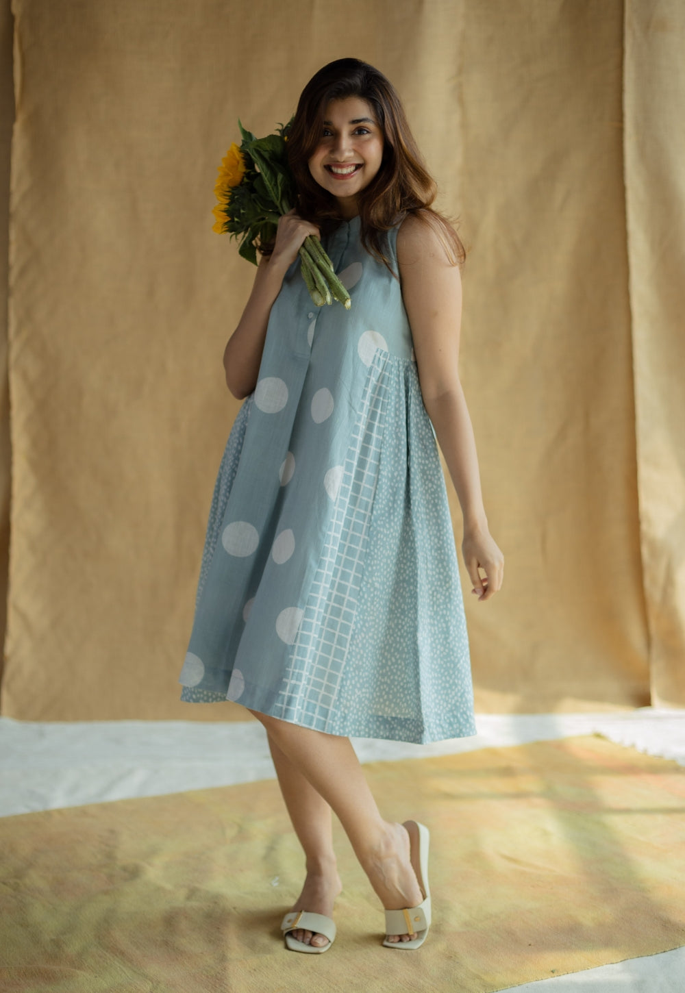 Fariyah Sky Blue Hand Block Print Slub Cotton A Line Dress
