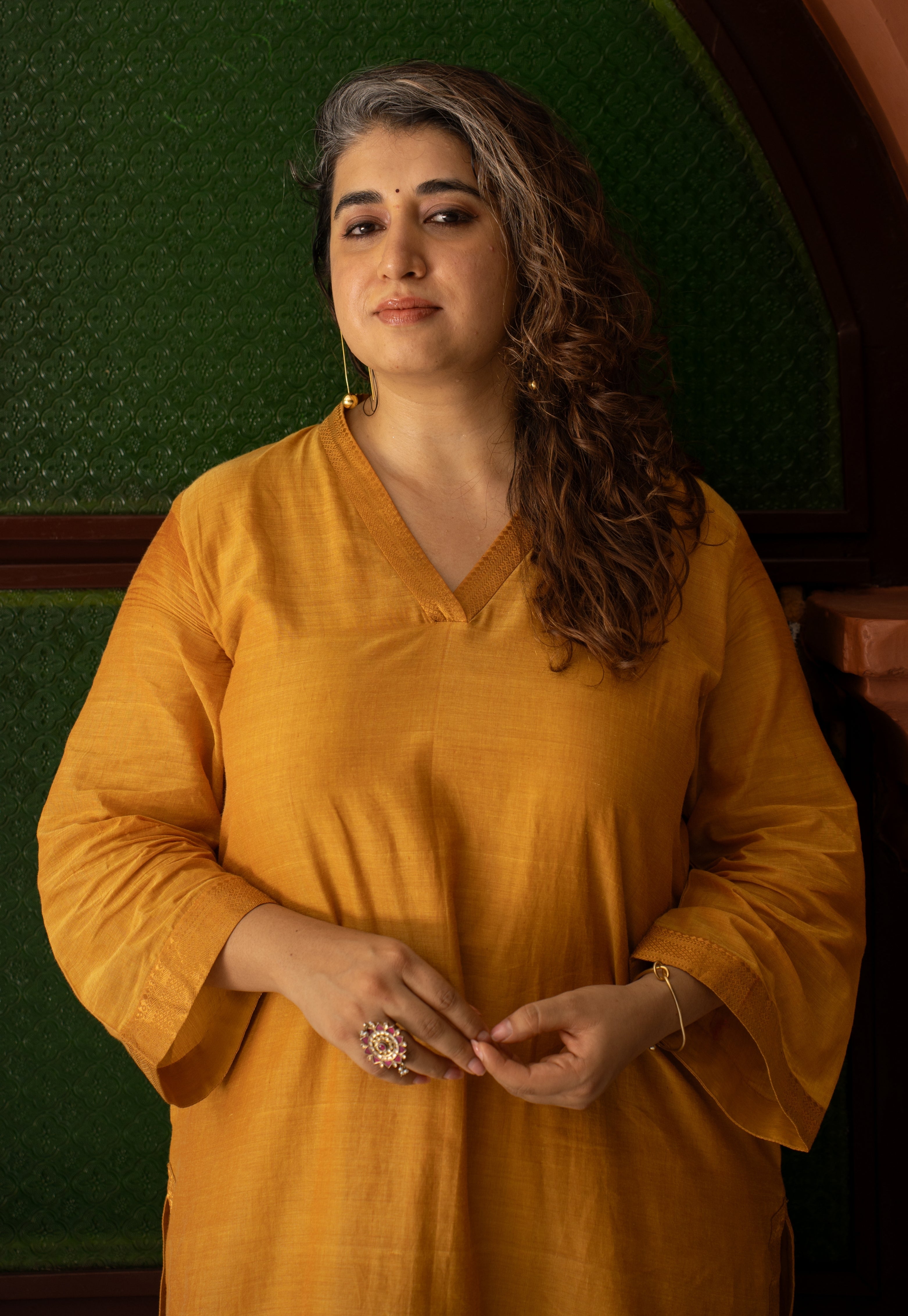 Vrusha Yellow Mangalgiri Cotton Straight Kurta with Nizam Border