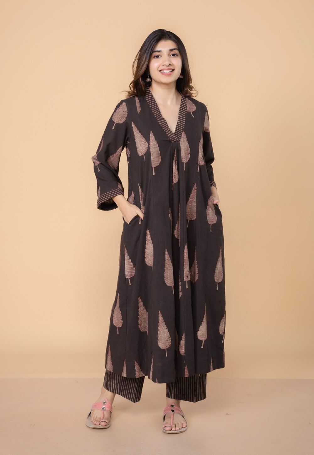 Eshita Brown Dabu Slub Cotton A Line Kurta