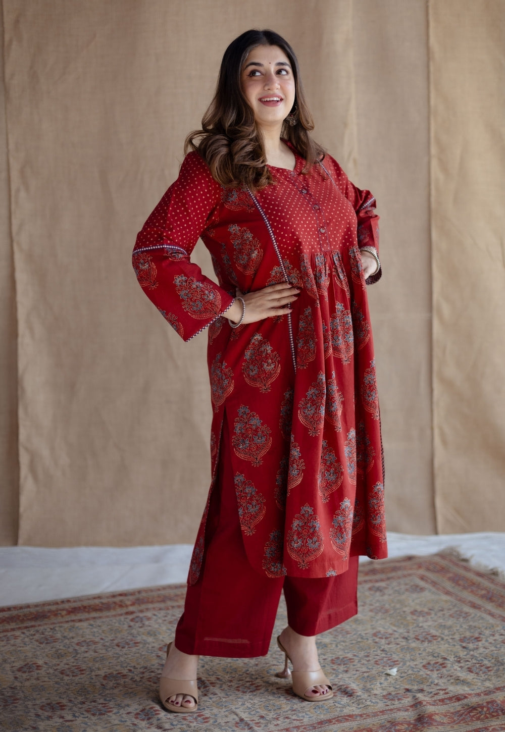 Divyathi Red Ajrakh Cotton A Line Kurta with Hand Embroidery
