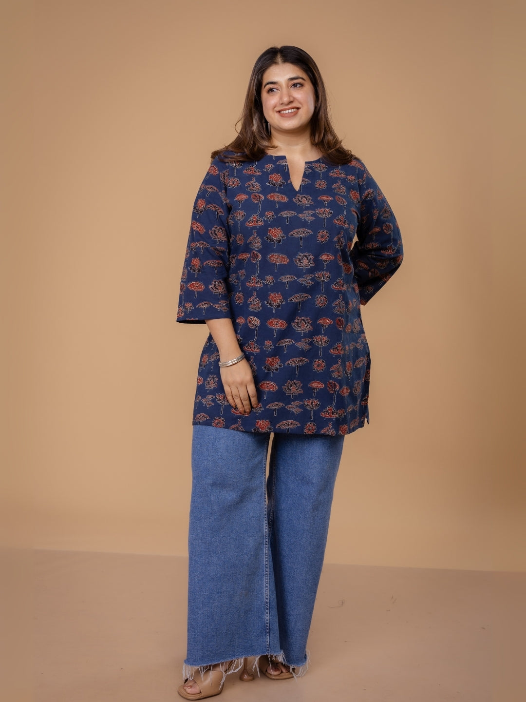 Mishel Blue Ajrakh Cotton Straight Short Top