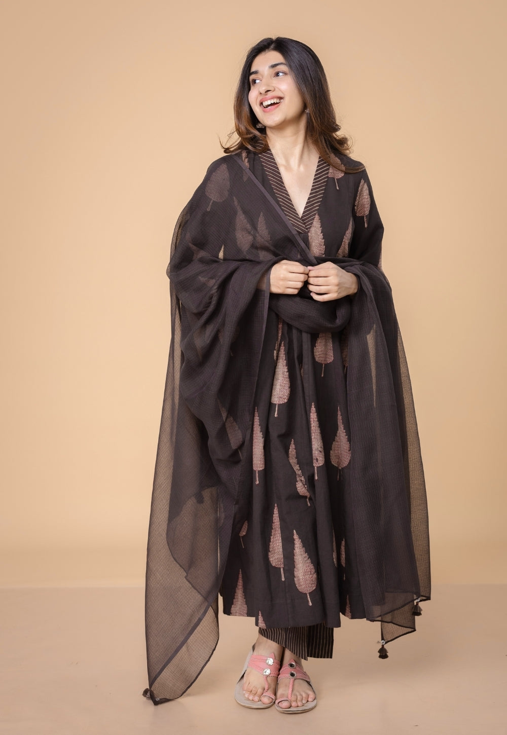 Eshita Brown Dabu Slub Cotton A Line Kurta