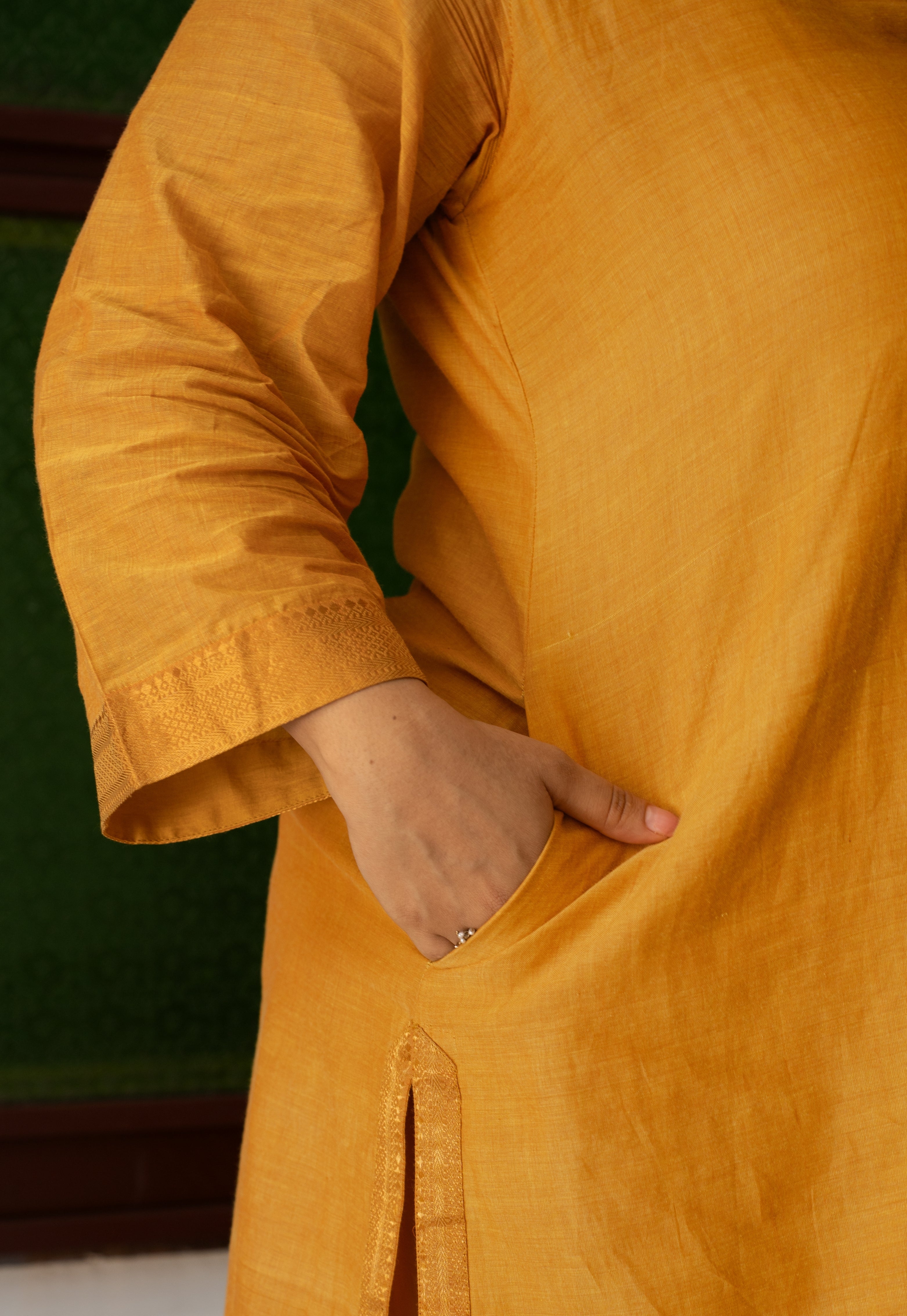 Vrusha Yellow Mangalgiri Cotton Straight Kurta with Nizam Border