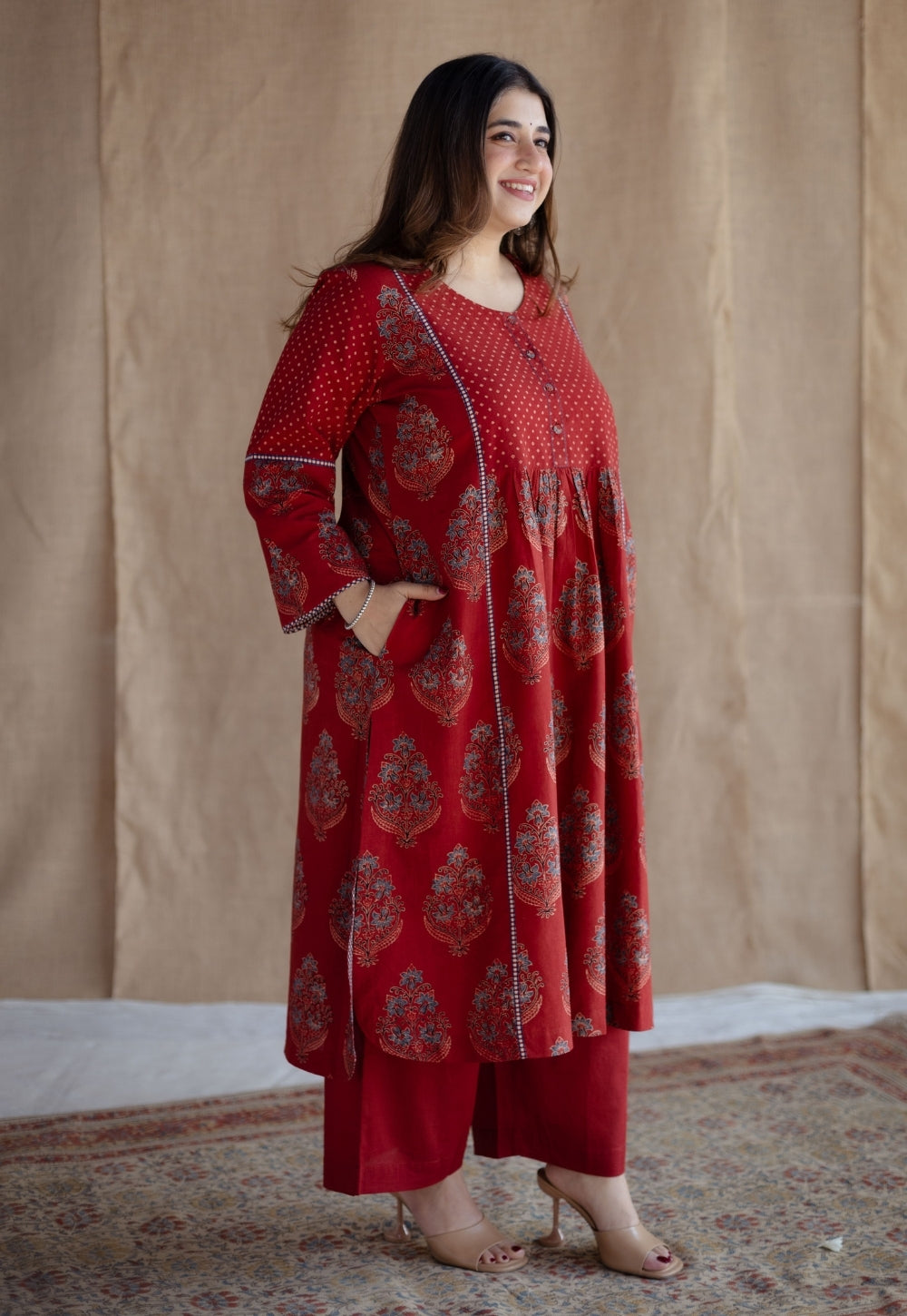 Divyathi Red Ajrakh Cotton A Line Kurta with Hand Embroidery
