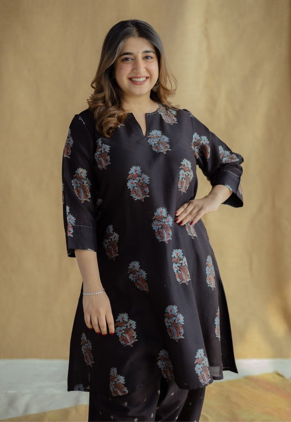 Daksha Black Ajrakh Chanderi Silk A Line Kurta with Hand Embroidery