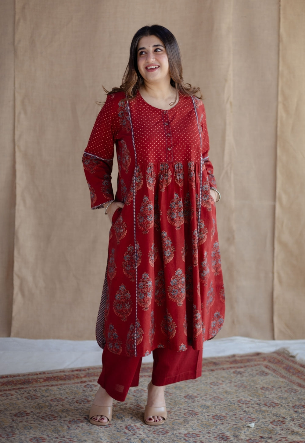 Divyathi Red Ajrakh Cotton A Line Kurta with Hand Embroidery